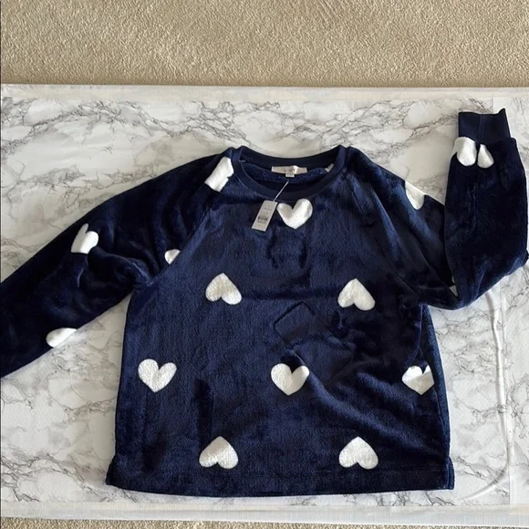 LOFT Navy Sweater with White Hearts (Large) - Picture 3 of 4